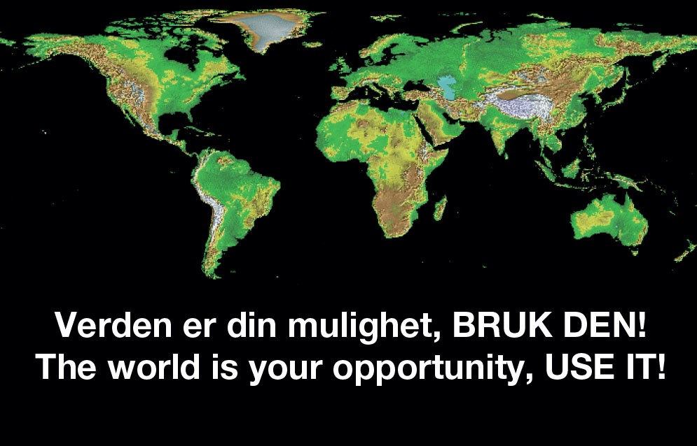 Verdenskart med teksten Verden er din mulighet